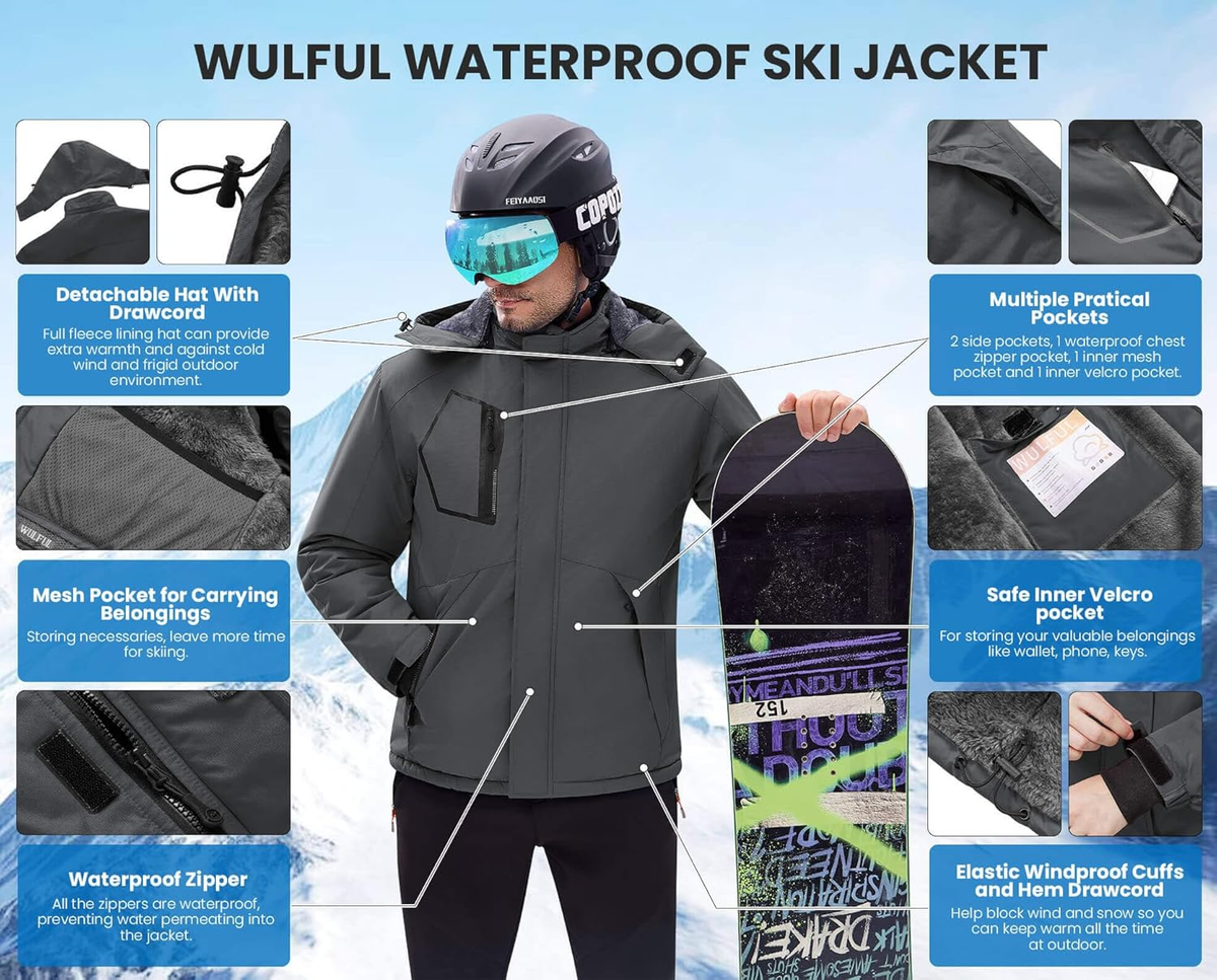 Men'S Waterproof Ski Jacket Warm Winter Coats Windproof Winter Jackets for Men Fleece Lined Windbreaker with Hood