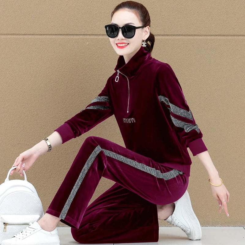 Gold Vvelvet Sports Suit Women 2025 New Autumn Spring Mother Casual Suit Fashion Loose Wide Leg Pants Two-Piece Suit Female
