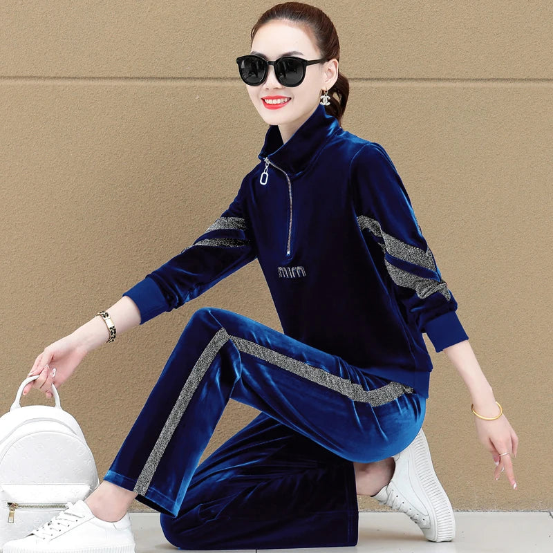 Gold Vvelvet Sports Suit Women 2025 New Autumn Spring Mother Casual Suit Fashion Loose Wide Leg Pants Two-Piece Suit Female