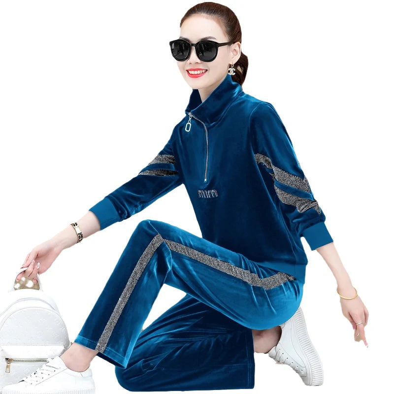 Gold Vvelvet Sports Suit Women 2025 New Autumn Spring Mother Casual Suit Fashion Loose Wide Leg Pants Two-Piece Suit Female