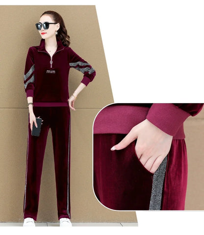 Gold Vvelvet Sports Suit Women 2025 New Autumn Spring Mother Casual Suit Fashion Loose Wide Leg Pants Two-Piece Suit Female