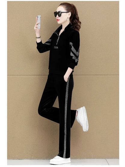 Gold Vvelvet Sports Suit Women 2025 New Autumn Spring Mother Casual Suit Fashion Loose Wide Leg Pants Two-Piece Suit Female
