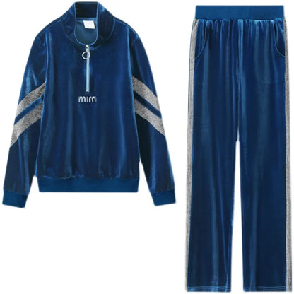 Gold Vvelvet Sports Suit Women 2025 New Autumn Spring Mother Casual Suit Fashion Loose Wide Leg Pants Two-Piece Suit Female