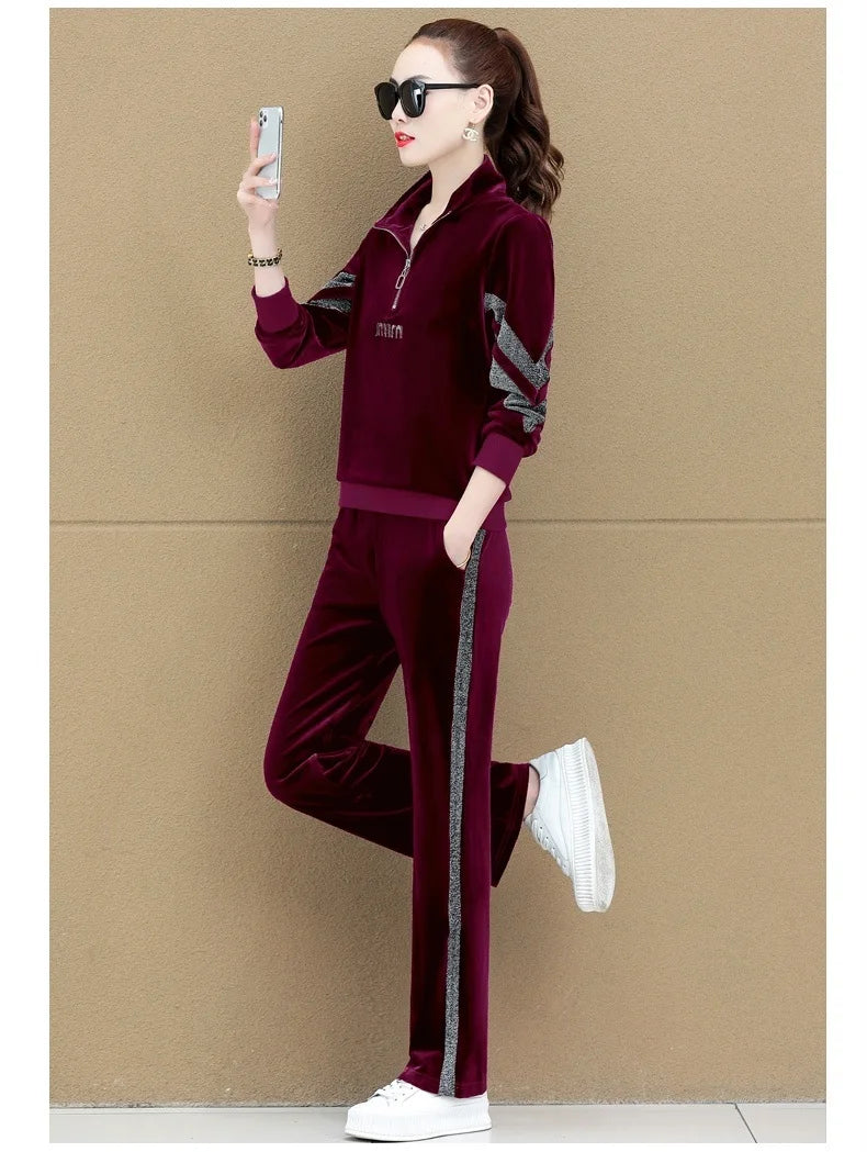 Gold Vvelvet Sports Suit Women 2025 New Autumn Spring Mother Casual Suit Fashion Loose Wide Leg Pants Two-Piece Suit Female
