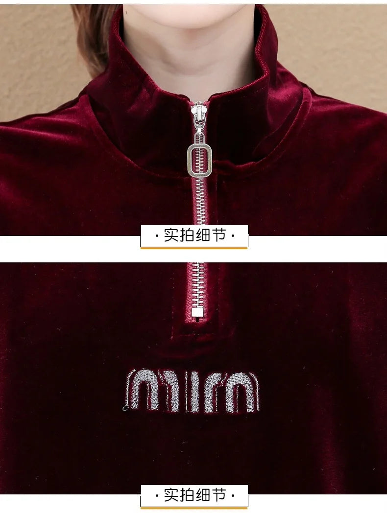 Gold Vvelvet Sports Suit Women 2025 New Autumn Spring Mother Casual Suit Fashion Loose Wide Leg Pants Two-Piece Suit Female