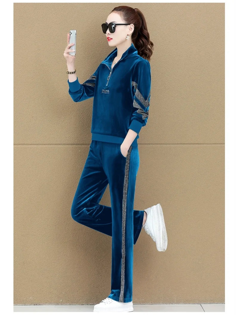 Gold Vvelvet Sports Suit Women 2025 New Autumn Spring Mother Casual Suit Fashion Loose Wide Leg Pants Two-Piece Suit Female