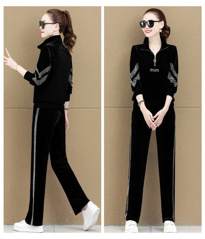 Gold Vvelvet Sports Suit Women 2025 New Autumn Spring Mother Casual Suit Fashion Loose Wide Leg Pants Two-Piece Suit Female
