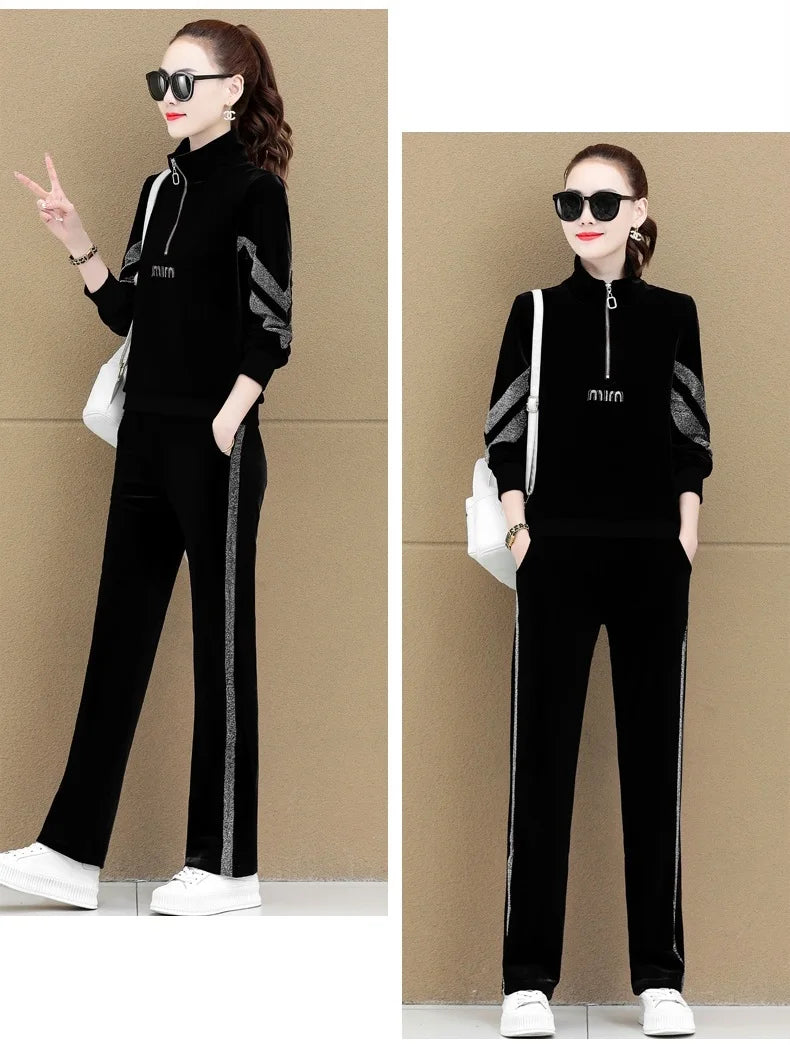 Gold Vvelvet Sports Suit Women 2025 New Autumn Spring Mother Casual Suit Fashion Loose Wide Leg Pants Two-Piece Suit Female