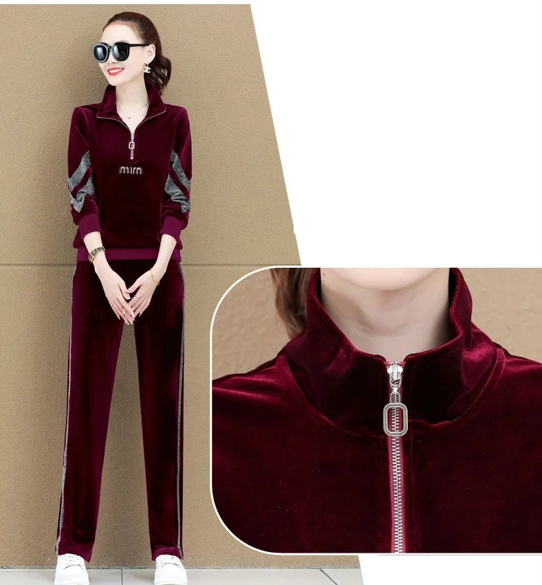 Gold Vvelvet Sports Suit Women 2025 New Autumn Spring Mother Casual Suit Fashion Loose Wide Leg Pants Two-Piece Suit Female