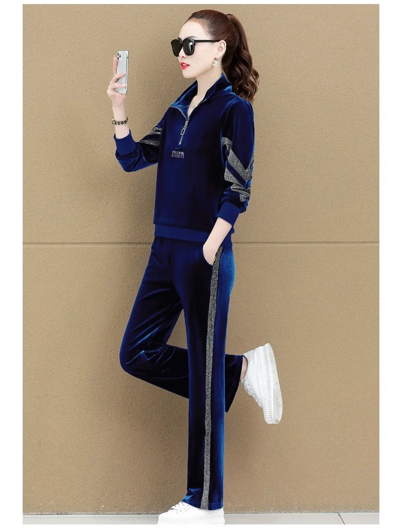 Gold Vvelvet Sports Suit Women 2025 New Autumn Spring Mother Casual Suit Fashion Loose Wide Leg Pants Two-Piece Suit Female