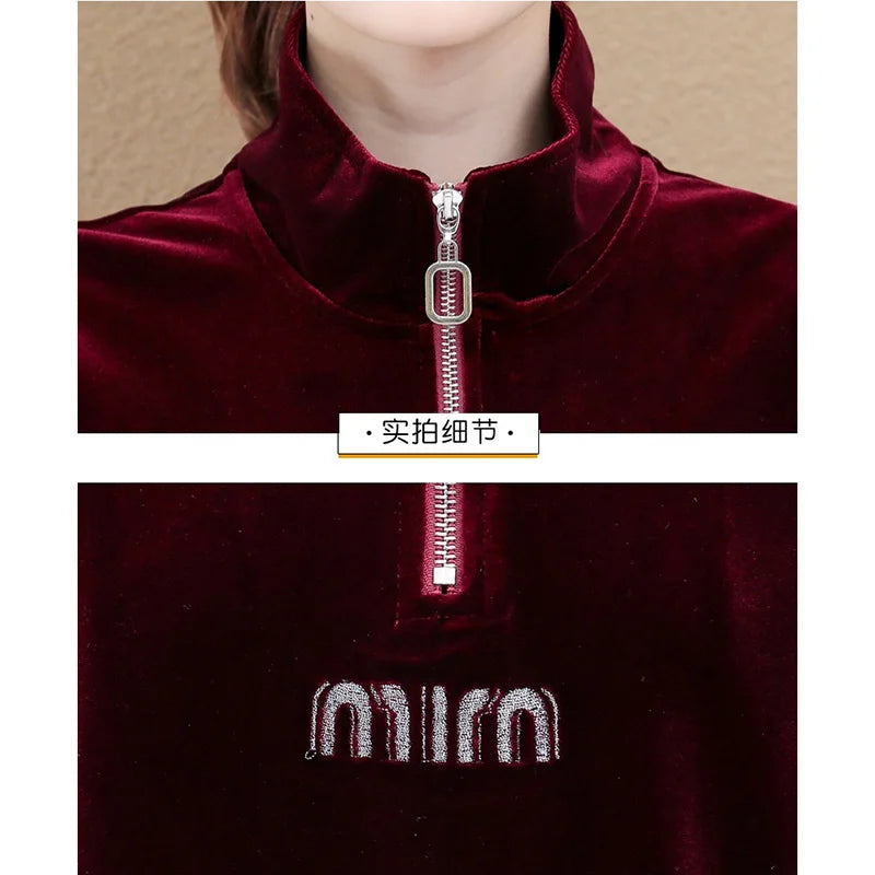 Gold Vvelvet Sports Suit Women 2025 New Autumn Spring Mother Casual Suit Fashion Loose Wide Leg Pants Two-Piece Suit Female