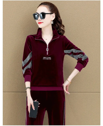 Gold Vvelvet Sports Suit Women 2025 New Autumn Spring Mother Casual Suit Fashion Loose Wide Leg Pants Two-Piece Suit Female