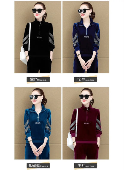 Gold Vvelvet Sports Suit Women 2025 New Autumn Spring Mother Casual Suit Fashion Loose Wide Leg Pants Two-Piece Suit Female