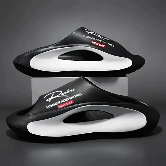 Lightweight EVA men's slide | Black and white cartoon design, exposed toes, comfortable all year round, casual indoor/outdoor us