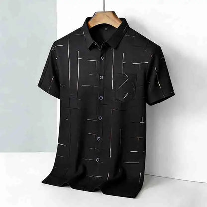 2026 Men's Summer Short Sleeve Shirt Geometric Line Print Business Casual Button-Up with Chest Pocket