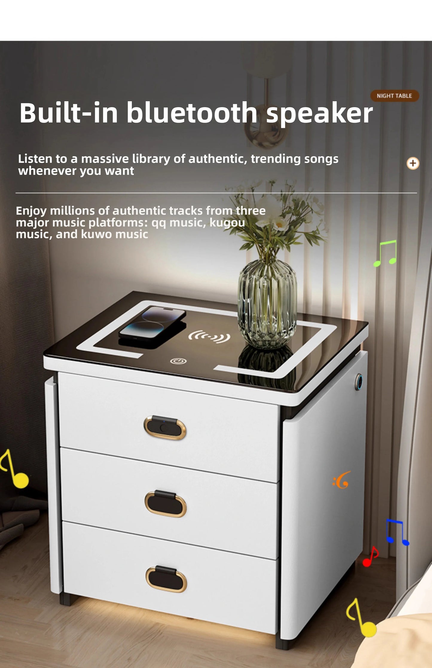 Solid Wood Smart Nightstands Minimalist Bedside Table Wireless Charging Station High-End Bedroom Furniture with Hidden Storage