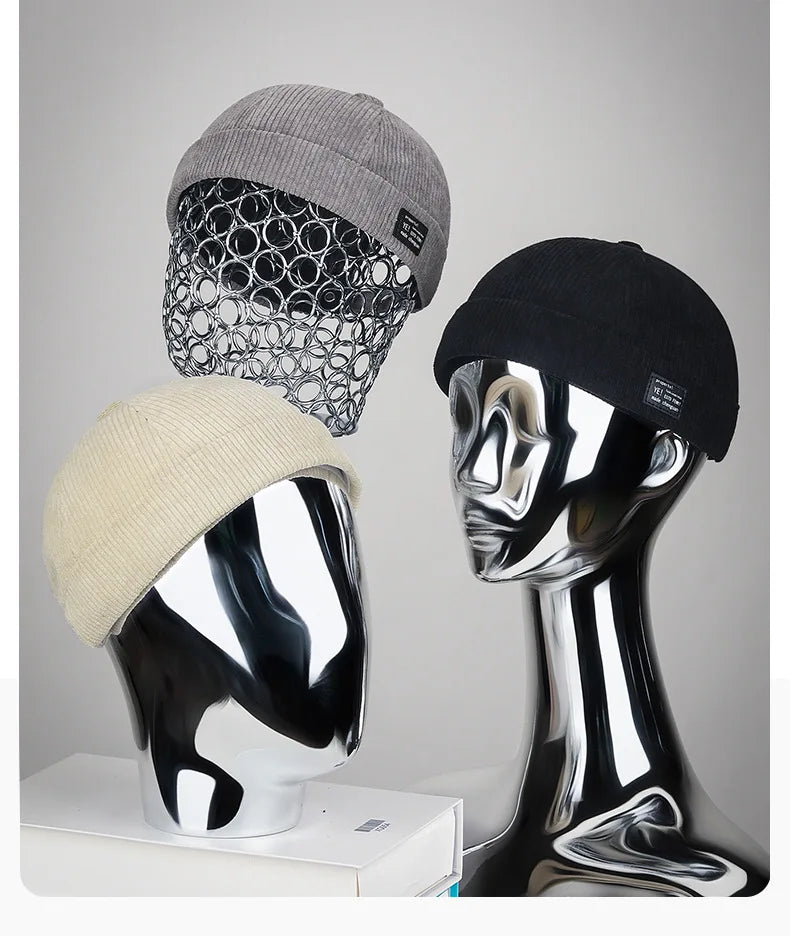 Autumn and winter corduroy brimless casual hat, personalized yuppie hat, men's and women's striped velvet melon skin hat