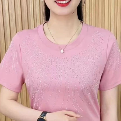 2024 New Summer Korean Edition Minimalist Fashion Casual Loose Short Sleeve Round Neck Printed Diamonds Women's T-shirt Top