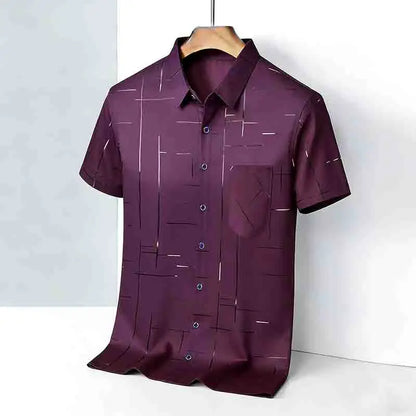 2026 Men's Summer Short Sleeve Shirt Geometric Line Print Business Casual Button-Up with Chest Pocket