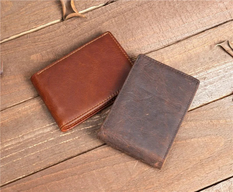 Crazy Horse Leather Men Wallets Retro Handmade Small Purse Top Cow Leather US Dollar Money Clip Bag Minimalist Wallet Portomonee