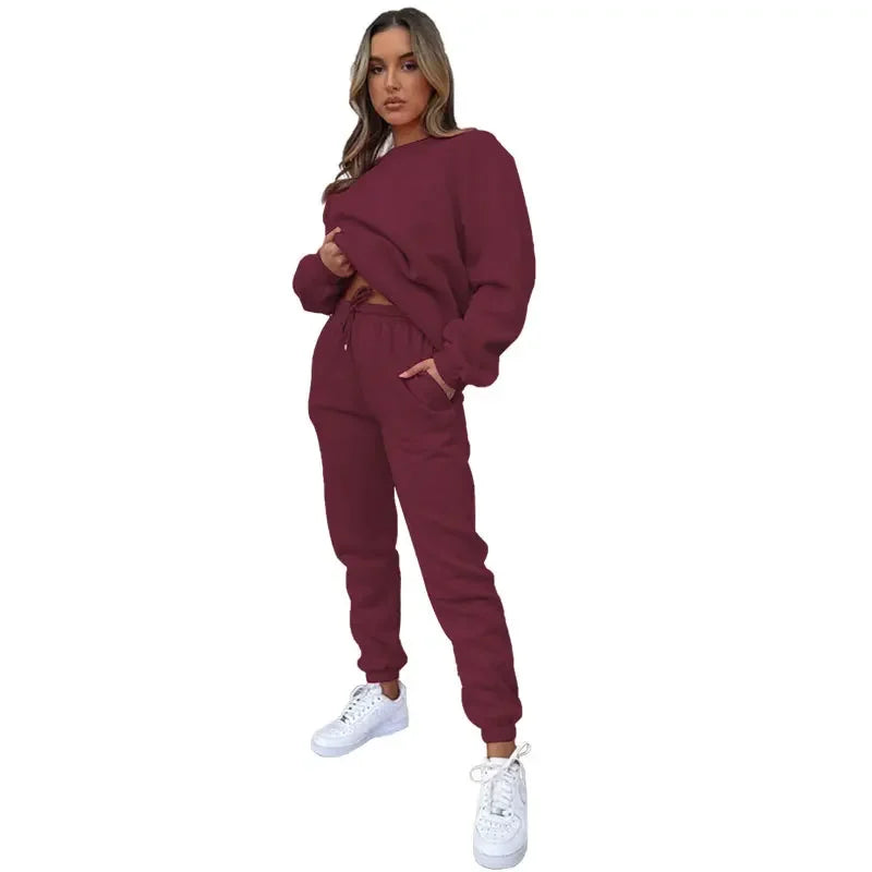 Fashionable Casual Long Sleeve Sweatshirtsuit Women's Clothing Round Neck Pullover Trousers Solid Color Autumn Winter Collection