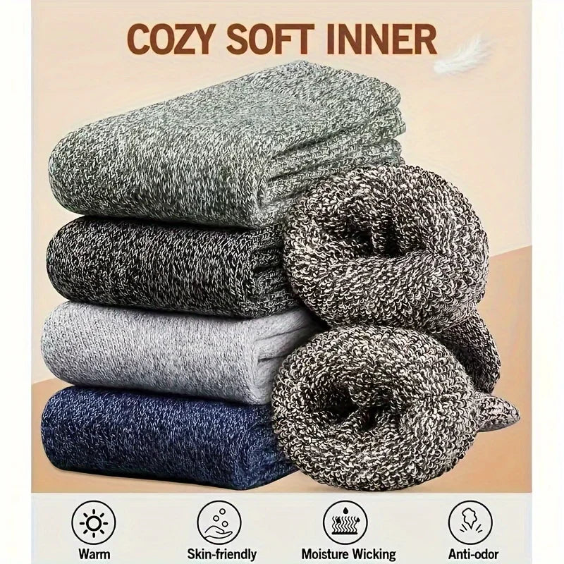 3 Pairs Men's Winter Warm Socks, Thick Towel Mid-Calf Socks, Anti-Cold Snow Boots Socks Elastic Solid Color