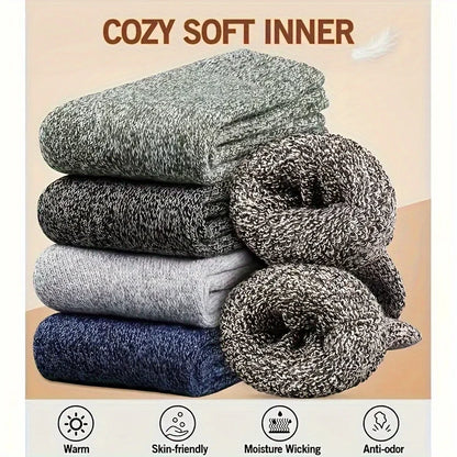 3 Pairs Men's Winter Warm Socks, Thick Towel Mid-Calf Socks, Anti-Cold Snow Boots Socks Elastic Solid Color