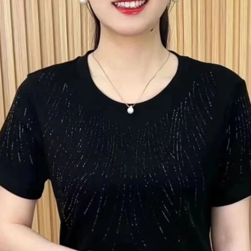 2024 New Summer Korean Edition Minimalist Fashion Casual Loose Short Sleeve Round Neck Printed Diamonds Women's T-shirt Top