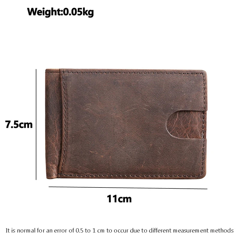 Crazy Horse Leather Men Wallets Retro Handmade Small Purse Top Cow Leather US Dollar Money Clip Bag Minimalist Wallet Portomonee
