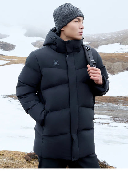 Kelme Men's Winter Windproof Training Jacket With Hooded Down-filled Insulation Outdoor Fleece-lined Thickened Coat