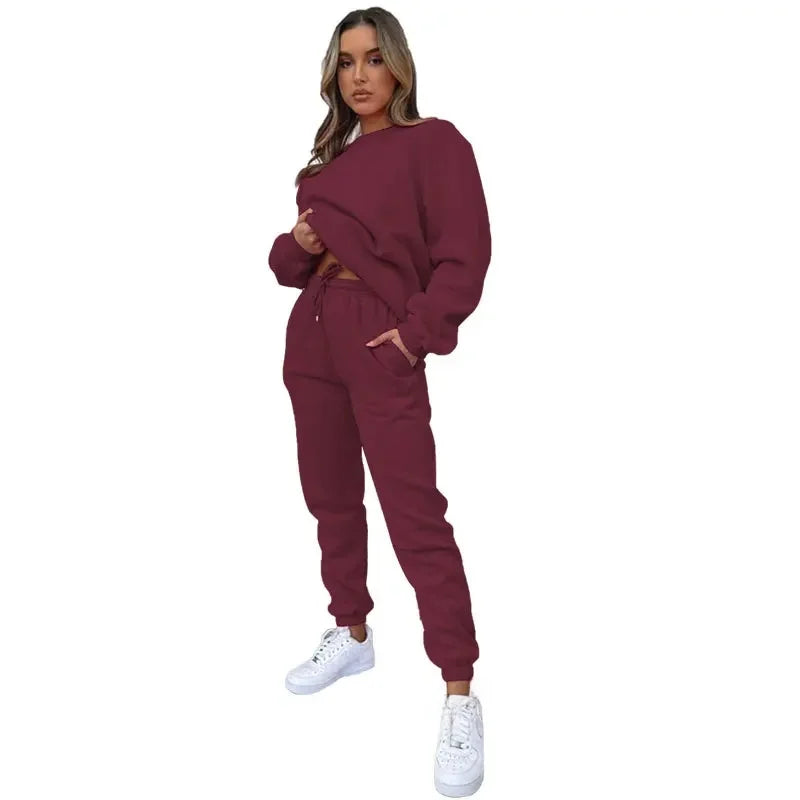 Fashionable Casual Long Sleeve Sweatshirtsuit Women's Clothing Round Neck Pullover Trousers Solid Color Autumn Winter Collection