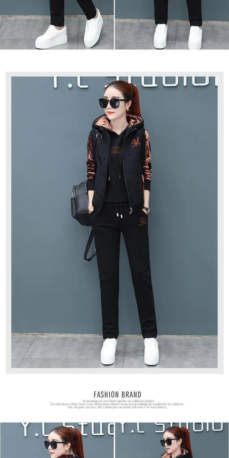 Women's Fashion Plush Thickened Sweat Suit 2025 Autumn Winter New Casual Hooded Tops Waistcoat Pants 3 Three Piece Set For Women