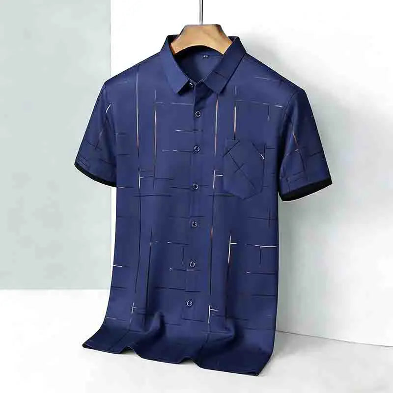 2026 Men's Summer Short Sleeve Shirt Geometric Line Print Business Casual Button-Up with Chest Pocket