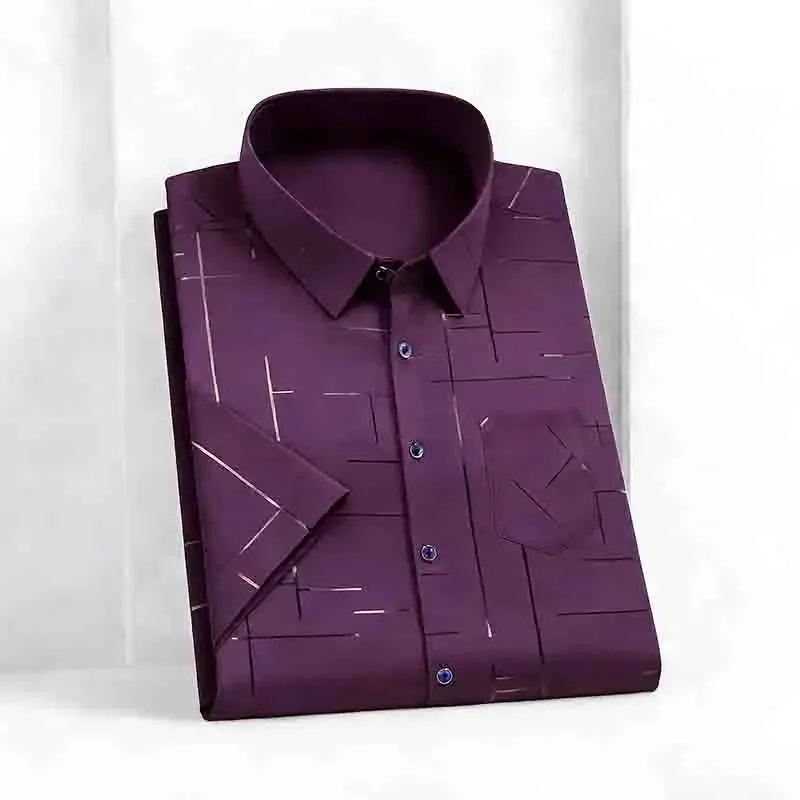 2026 Men's Summer Short Sleeve Shirt Geometric Line Print Business Casual Button-Up with Chest Pocket