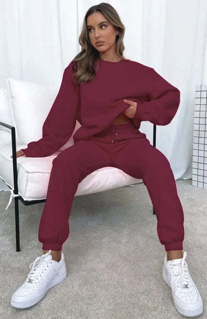 Fashionable Casual Long Sleeve Sweatshirtsuit Women's Clothing Round Neck Pullover Trousers Solid Color Autumn Winter Collection