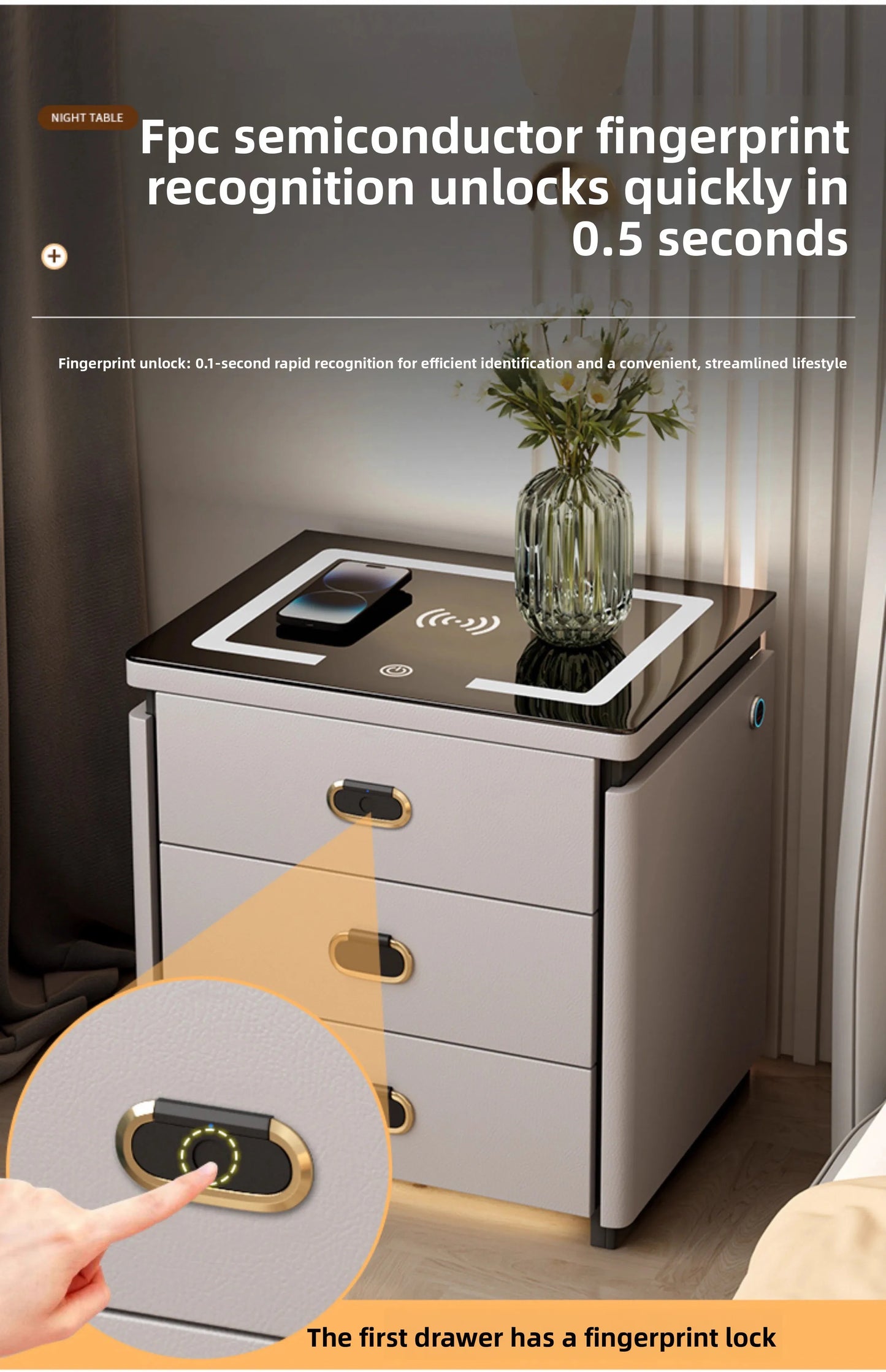 Solid Wood Smart Nightstands Minimalist Bedside Table Wireless Charging Station High-End Bedroom Furniture with Hidden Storage