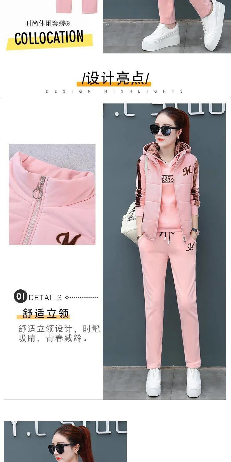 Women's Fashion Plush Thickened Sweat Suit 2025 Autumn Winter New Casual Hooded Tops Waistcoat Pants 3 Three Piece Set For Women