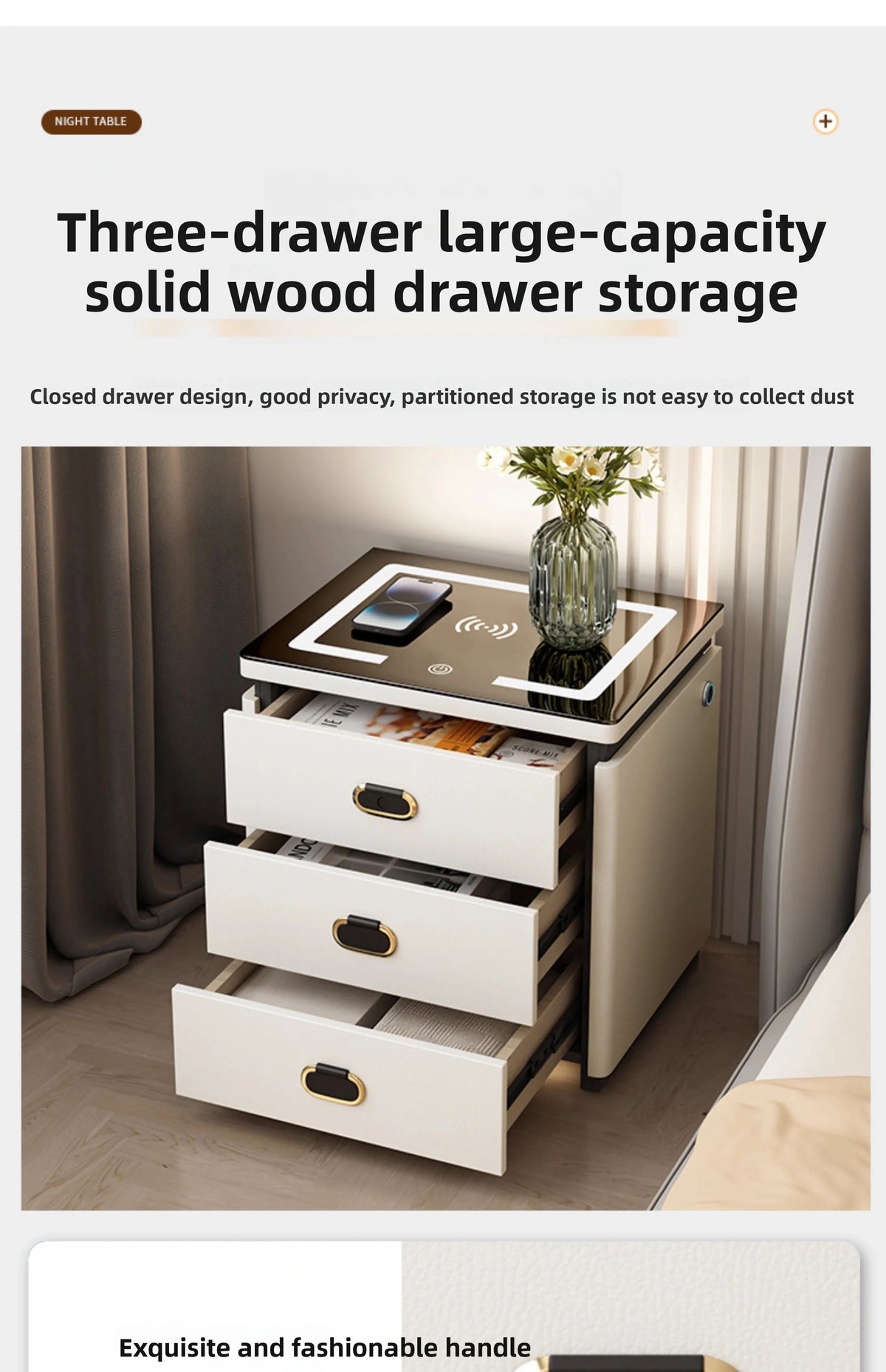 Solid Wood Smart Nightstands Minimalist Bedside Table Wireless Charging Station High-End Bedroom Furniture with Hidden Storage