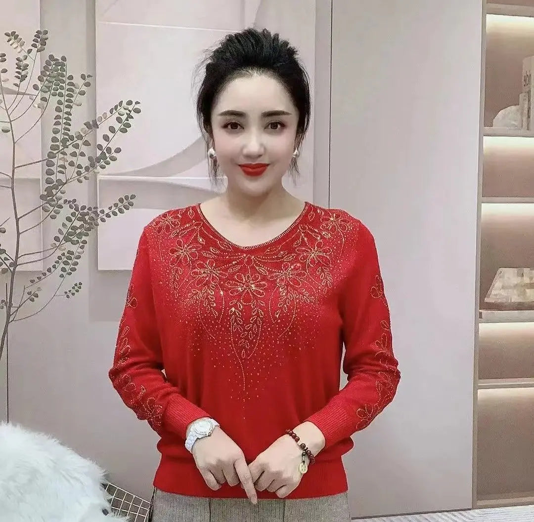 Spring Autumn New V-neck Long Sleeve Sweater Women High Street Rhinestone Patchwork Pullovers Screw Thread Solid Color Y2K Tops