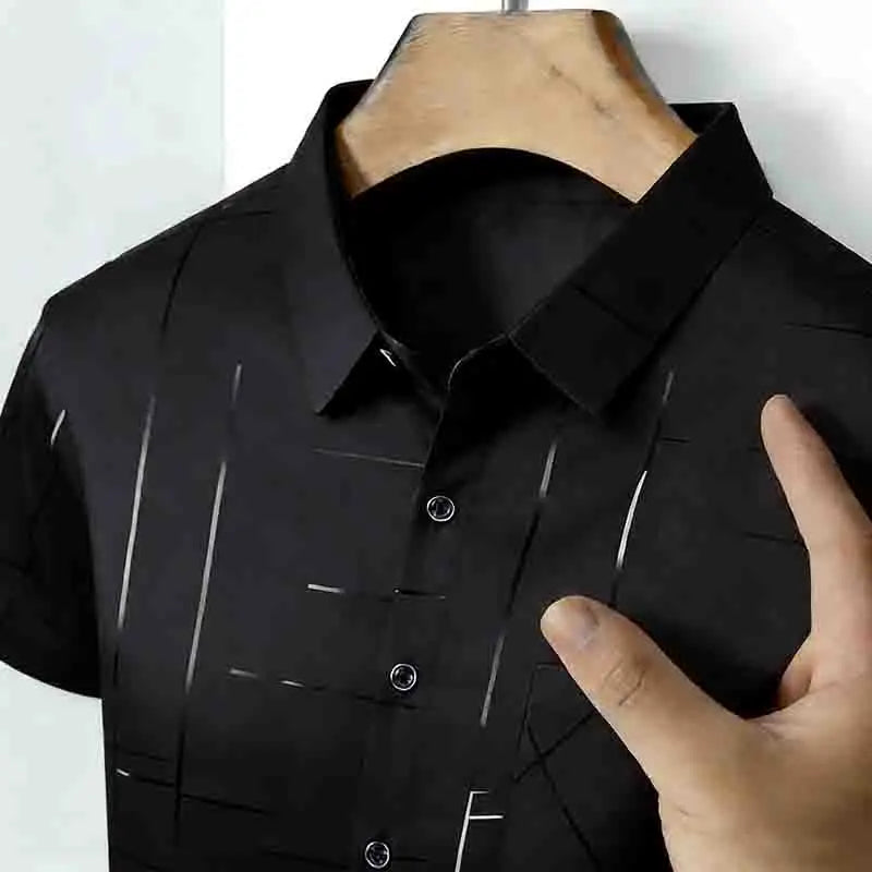 2026 Men's Summer Short Sleeve Shirt Geometric Line Print Business Casual Button-Up with Chest Pocket
