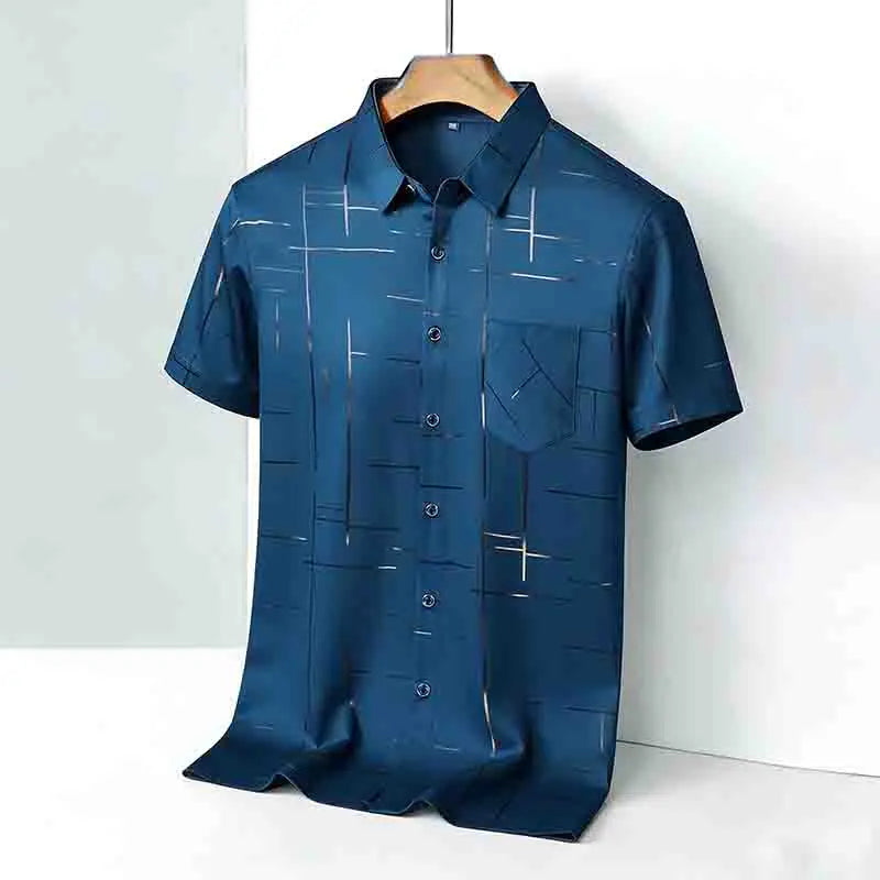 2026 Men's Summer Short Sleeve Shirt Geometric Line Print Business Casual Button-Up with Chest Pocket