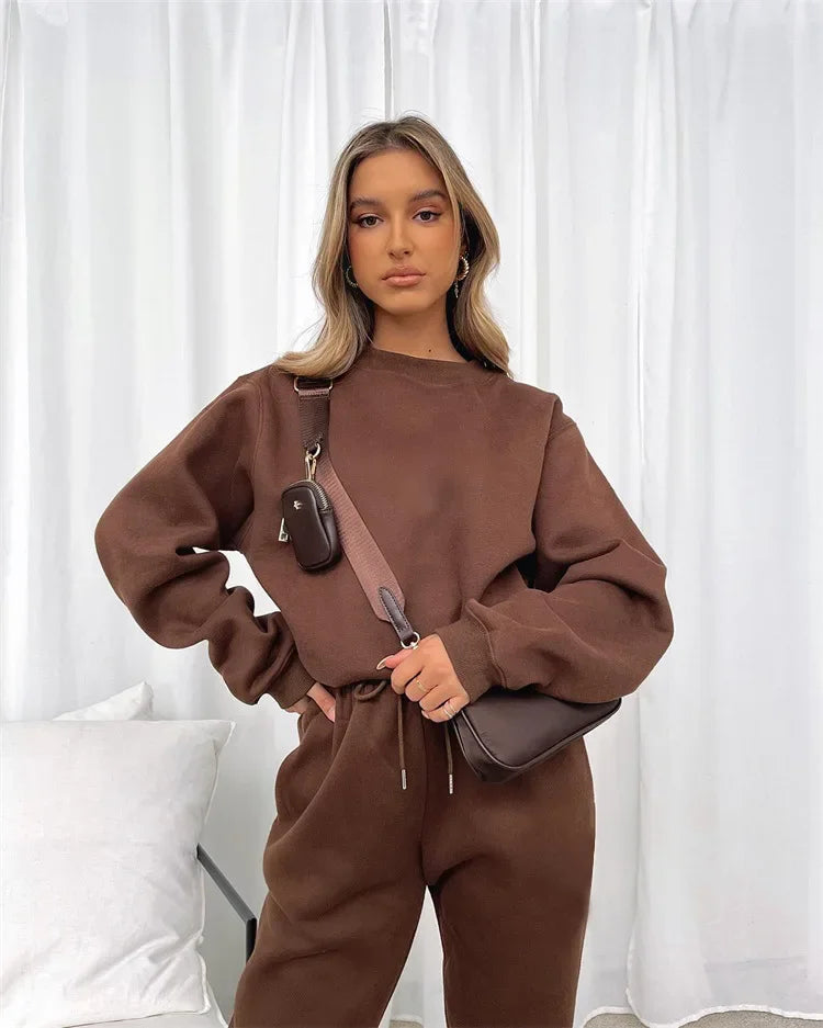 Fashionable Casual Long Sleeve Sweatshirtsuit Women's Clothing Round Neck Pullover Trousers Solid Color Autumn Winter Collection