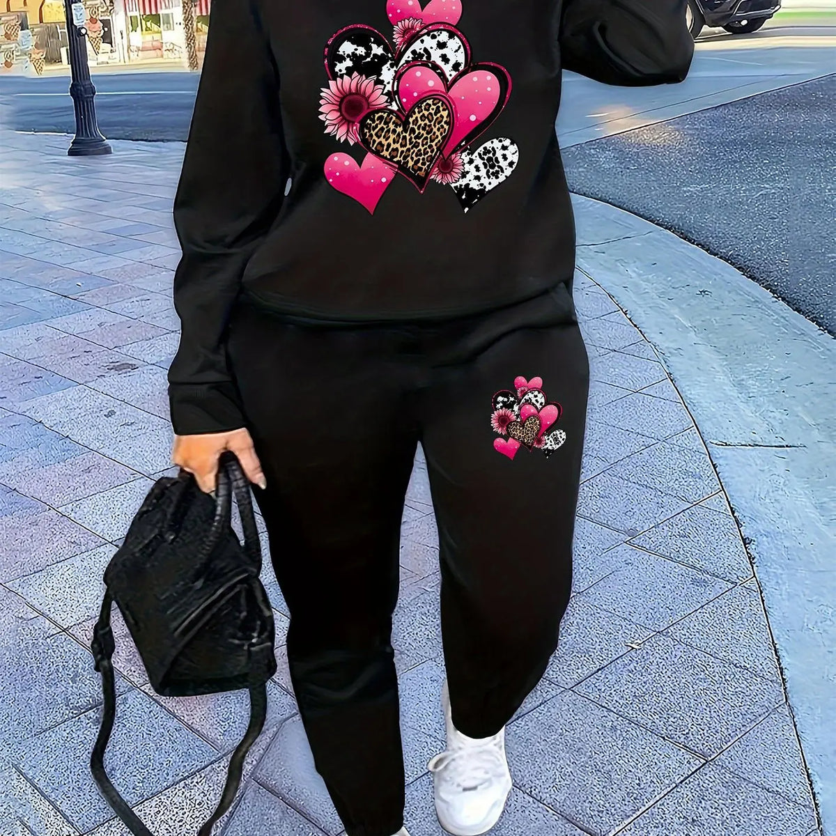 Women's Autumn/Winter Hip Hop Casual Street Fashion Heart Pattern Printed Round Neck Sweatshirt+Sweatpants Warm Set