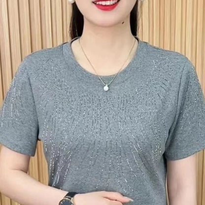 2024 New Summer Korean Edition Minimalist Fashion Casual Loose Short Sleeve Round Neck Printed Diamonds Women's T-shirt Top