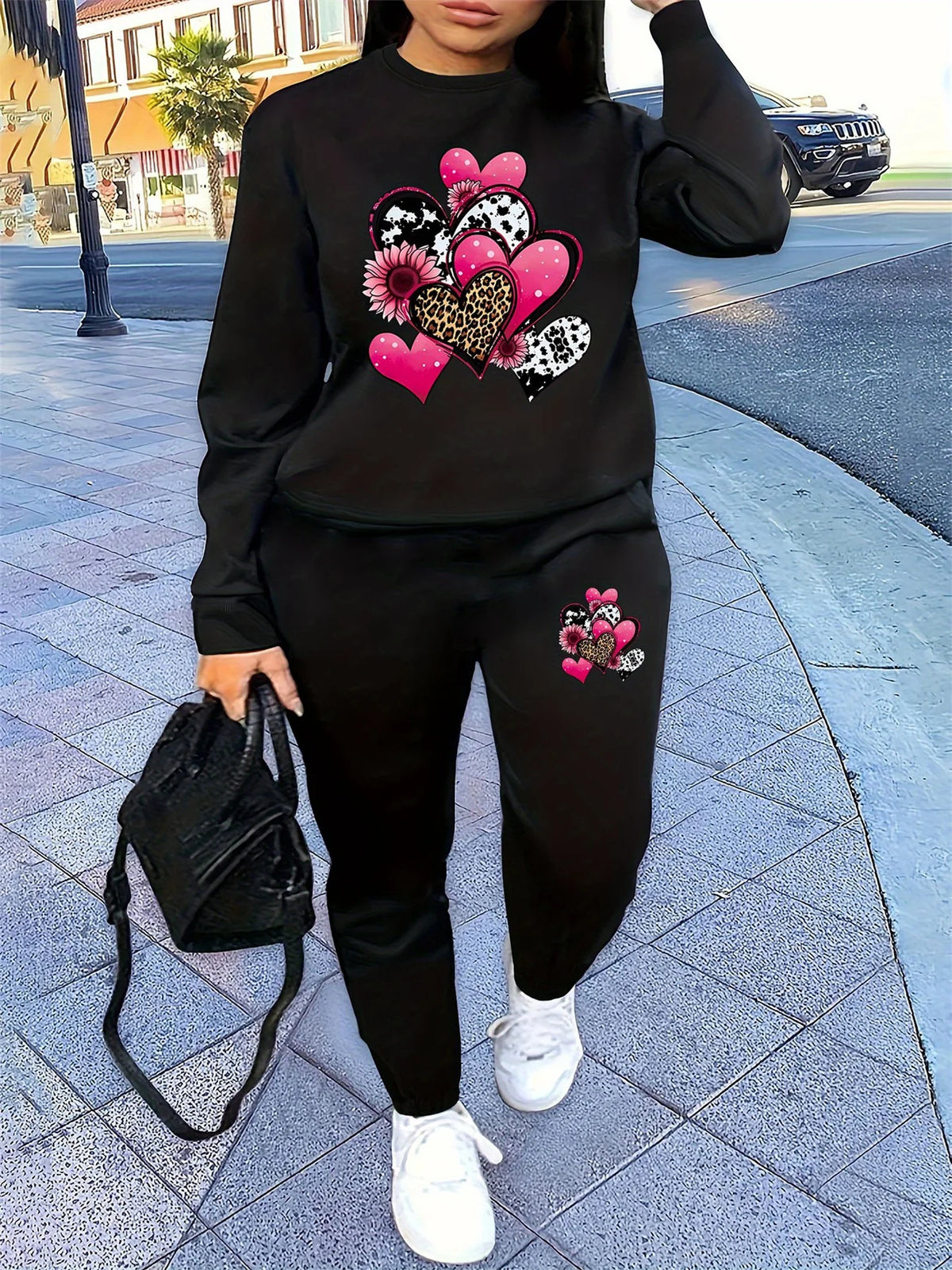 Women's Autumn/Winter Hip Hop Casual Street Fashion Heart Pattern Printed Round Neck Sweatshirt+Sweatpants Warm Set