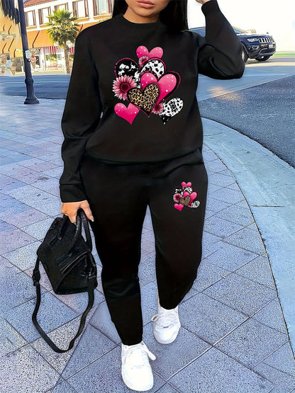 Women's Autumn/Winter Hip Hop Casual Street Fashion Heart Pattern Printed Round Neck Sweatshirt+Sweatpants Warm Set