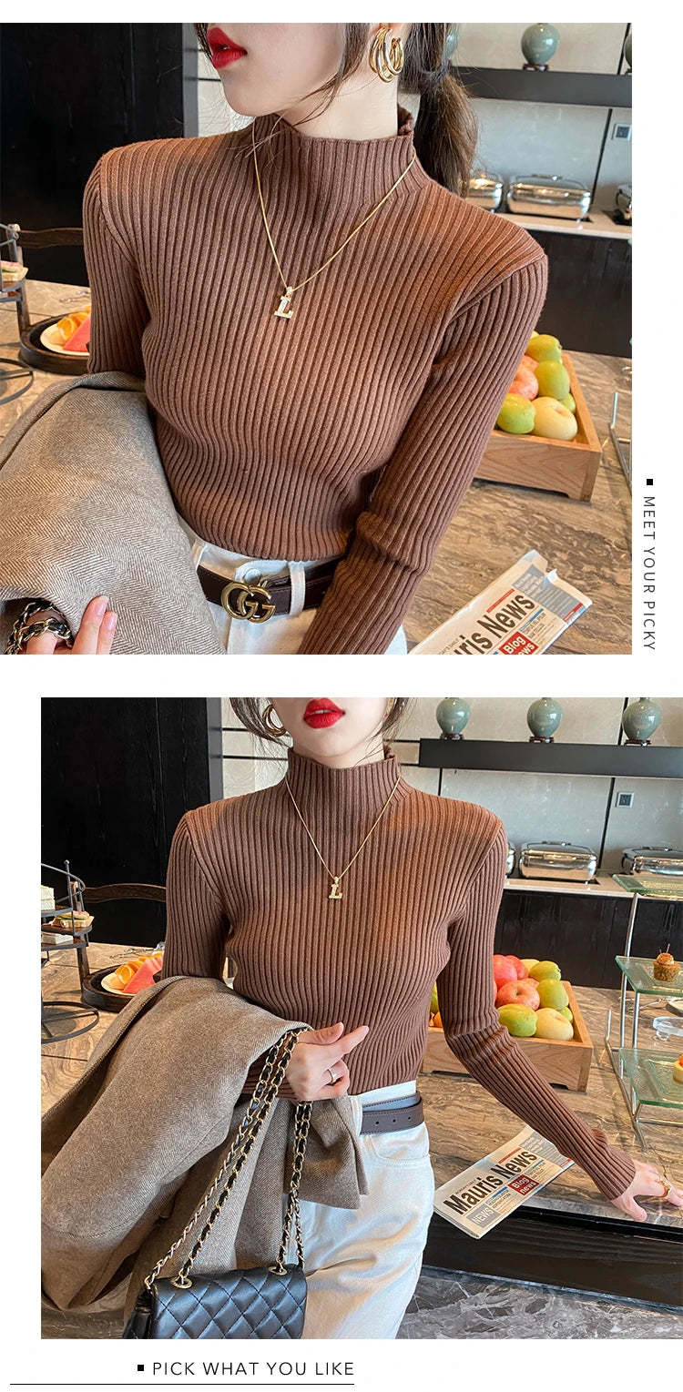 Elegant Solid Basic Knitted Tops Women Turtlneck Sweater Long Sleeve Casual Slim Pullover Korean Fashion Simple Chic Clothes