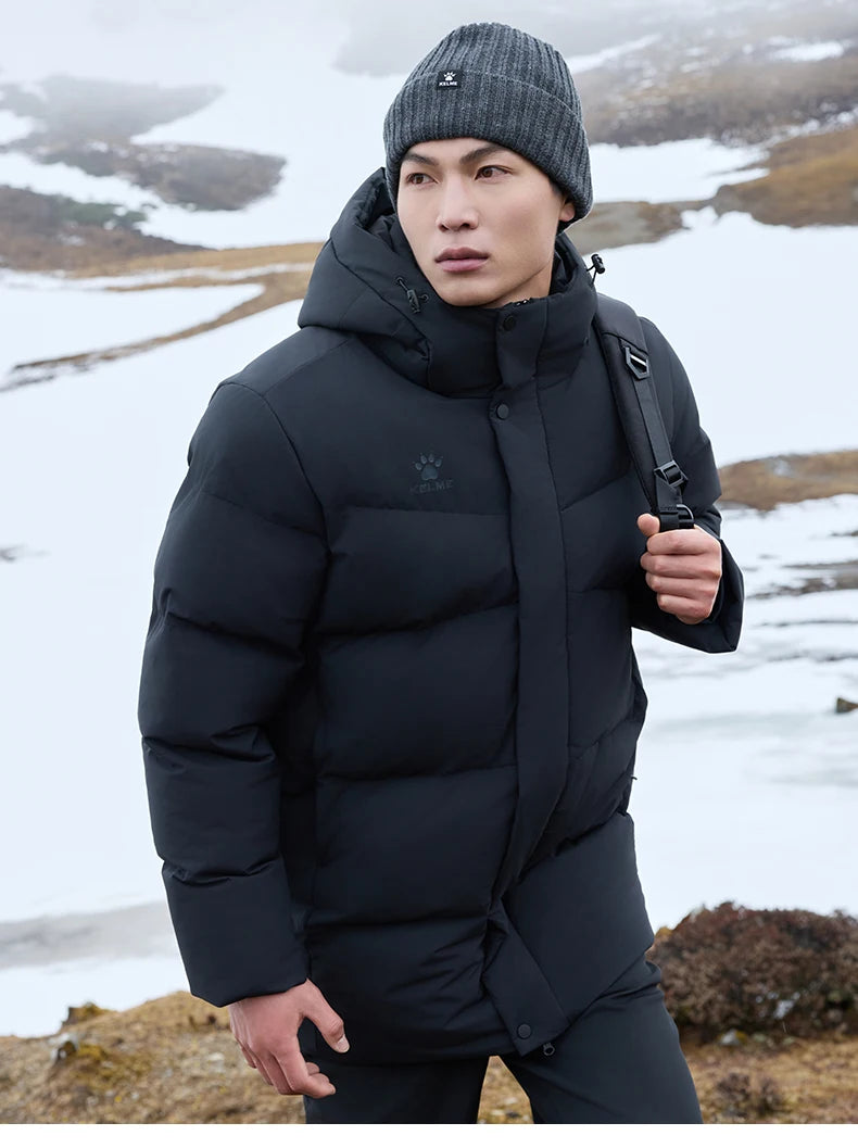 Kelme Men's Winter Windproof Training Jacket With Hooded Down-filled Insulation Outdoor Fleece-lined Thickened Coat