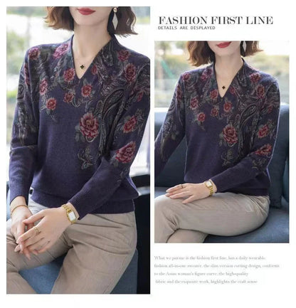 Autumn Winter New Middle-aged Elderly Mother's Pullover Sweater Women's Loose Long Sleeve Casual Fashion Sweater Female Jumper