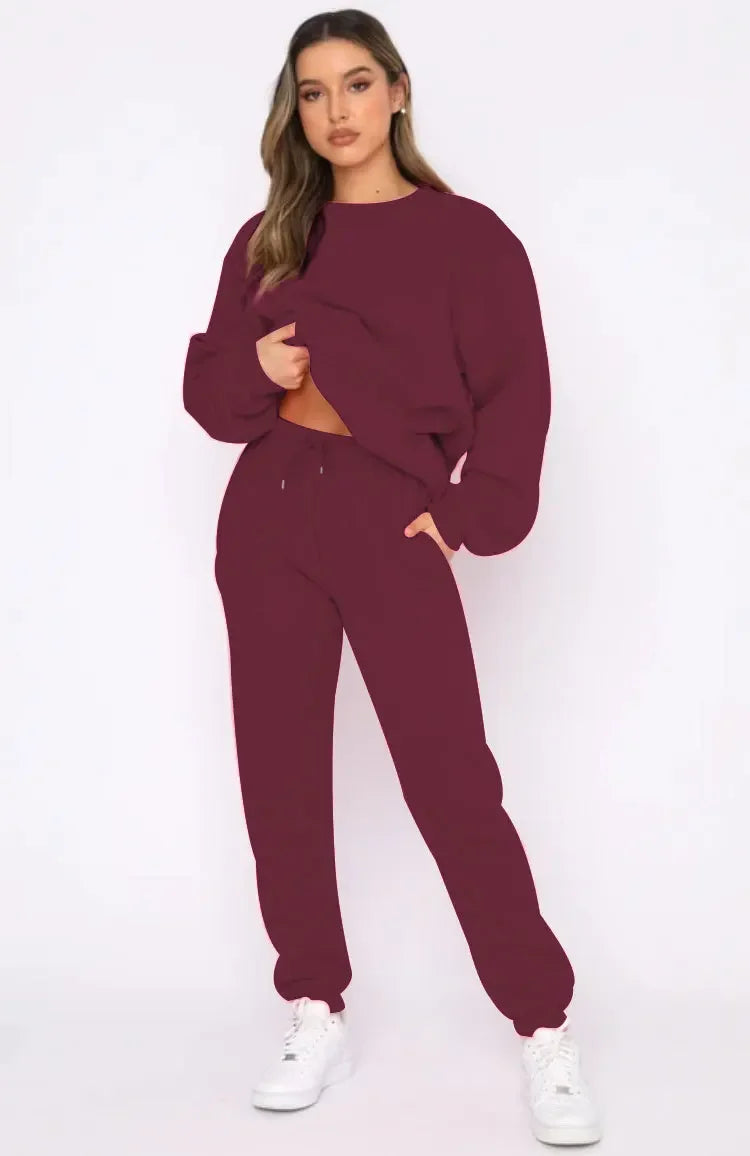 Fashionable Casual Long Sleeve Sweatshirtsuit Women's Clothing Round Neck Pullover Trousers Solid Color Autumn Winter Collection